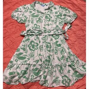 Draper James Floral Shirt Dress Puff Sleeve Tie Waist Linen Womens L Kelly Green